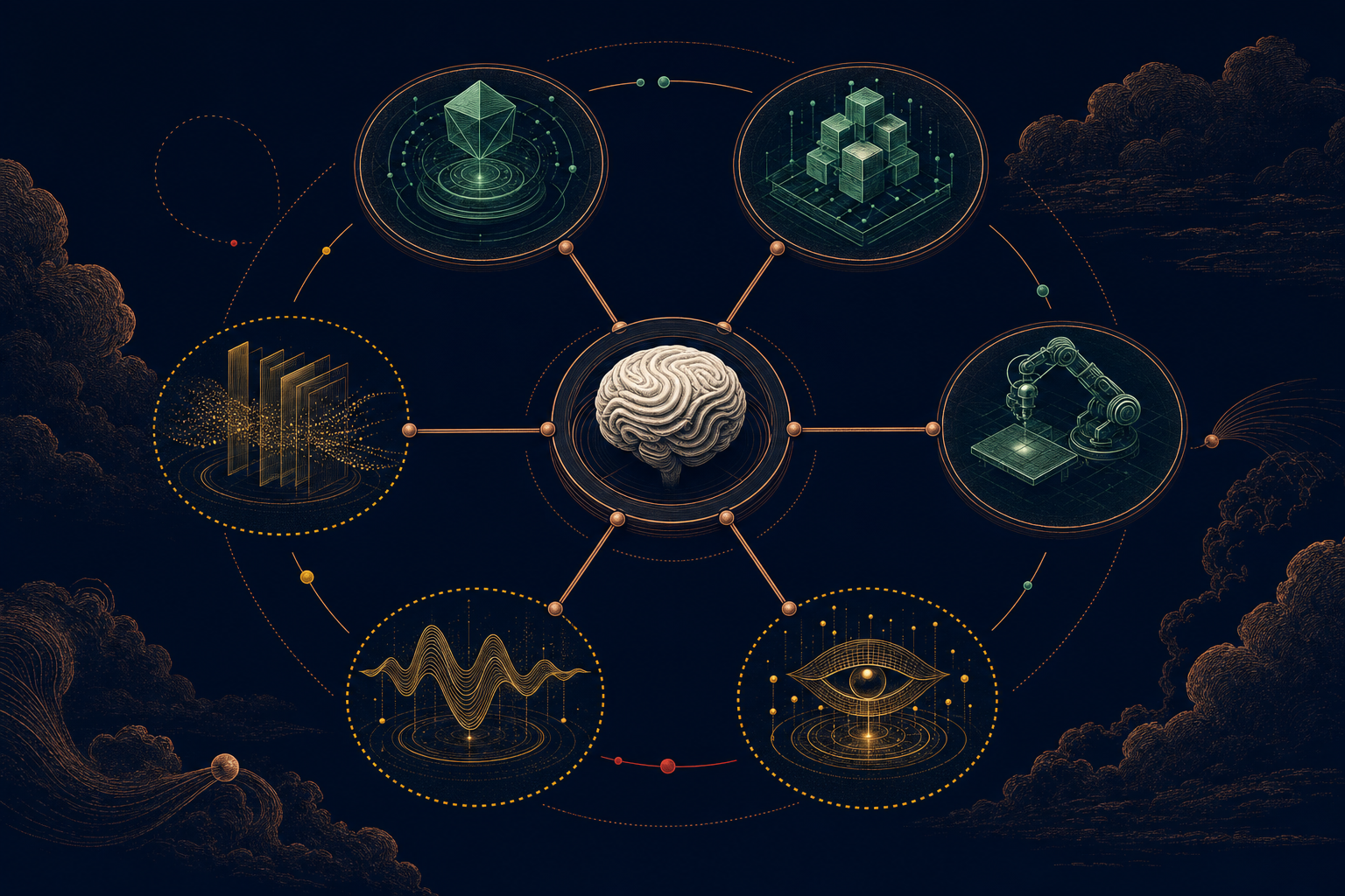 Mapa visual ligando pesquisa, código, visão e ferramentas